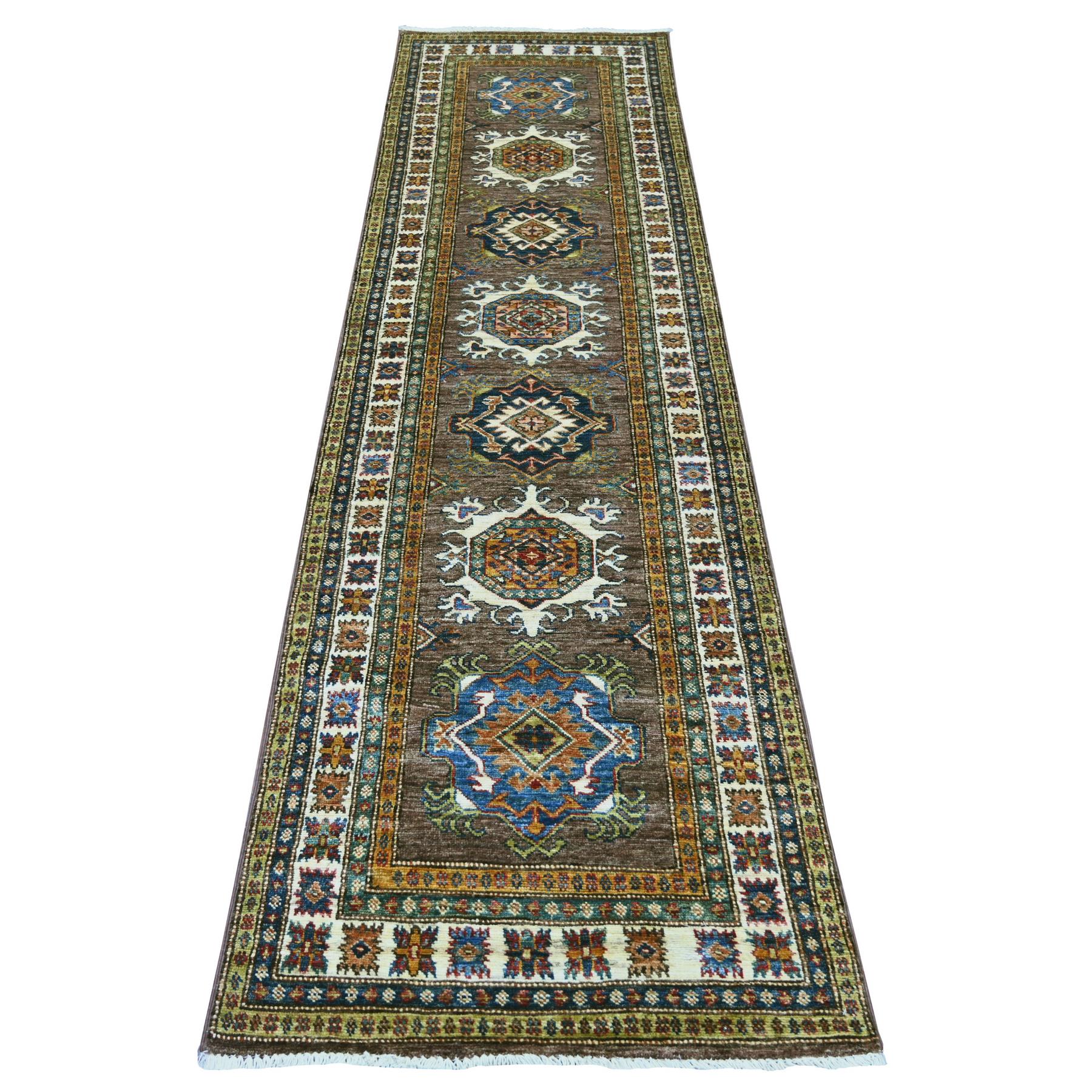 2'7"x9'4" Coffee Brown, Afghan Super Kazak with Geometric Medallions Design, Hand Knotted, Vegetable Dyes, Pure Wool, Runner, Oriental Rug 